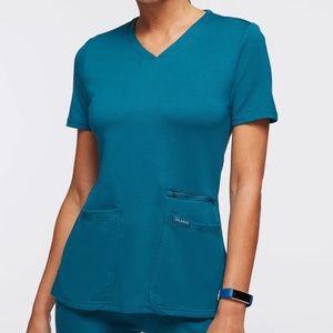 NWT Jaanuu • Kass Caribbean Blue Slim 4 Pocket Scrub Top - XL
